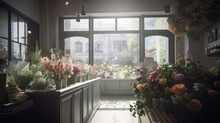 Photograph Of A Flower Shop With A Large Window In The Morning Light
