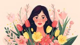 Fototapeta Tulipany - Happy Women's Day March 8 Cute cards and posters for the spring holiday. Vector illustration of a date, a women and a bouquet of flowers, generative ai