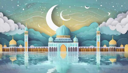 Wall Mural - paper origami mosque with calm pool and crescent moon with blinking stars. animation ramadan greeting concept. eid