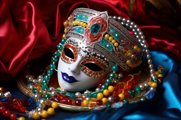 Wall Mural - Banner consisting from traditional species carnival mask in beads for celebration holiday Purim, Ai generated