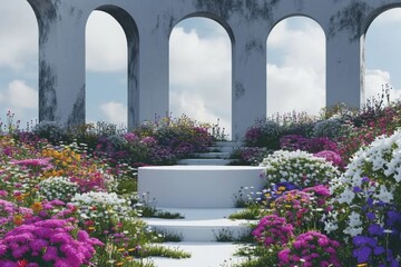 Wall Mural - Abstact 3d render spring scene and Natural podium background, White stone podium on the colorful flowers and grass field backdrop three arch doors for product display advertising. generative ai.