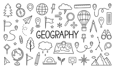 geography doodle set. education and study concept. map, globe, compass in sketch style. hand drawn v