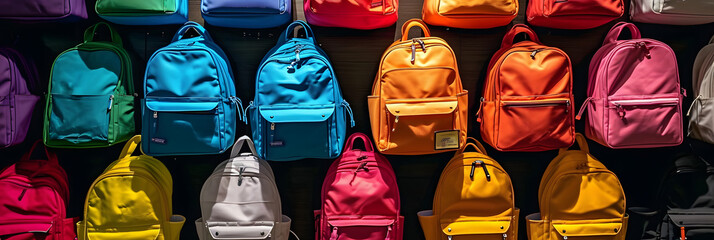 A row of colorful backpacks and bags on a shelf. created with technology