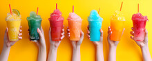 Summer concept - hands holding selection of colorful slushie drinks, solid color background