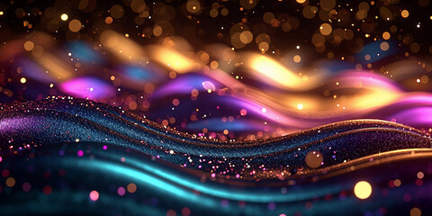 Glitter Purple Wave Stripes Design. Shiny moving lines design element with bokeh effect background