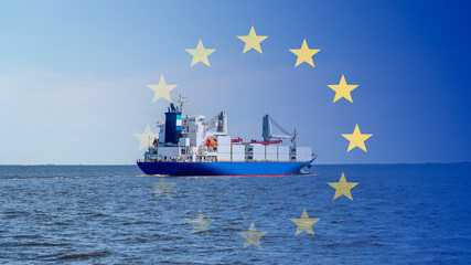 Transport cargo ship on the background of the flag of the European Union, Concept of cargo transportation by sea to the European Union