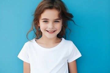 Portrait of a pretty smiling 7-year-old girl in a white T-shirt on a blue background, copy space. Happy child, childhood