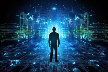 Poster - Futuristic Businessman in Virtual City: Man Embracing Digital Opportunities amidst Modern Tech Background.