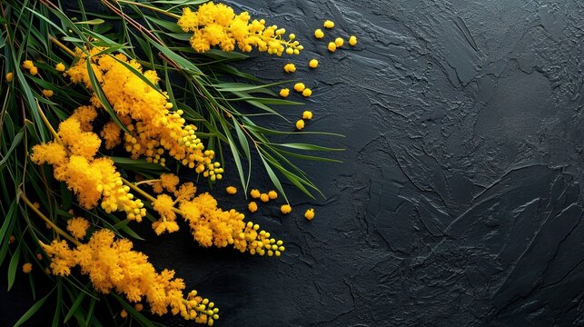 Mimosa fresh flowers on isolated background, copy space, 8 march day background, mimose is traditional flowers for international womans day 8 of march, copy space, generative ai