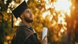 A graduate student in a graduation cap and gown will receive a diploma. Created with Generative Ai technology.