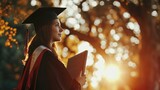 Fototapeta  - A graduate student in a graduation cap and gown will receive a diploma. Created with Generative Ai technology.