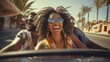 Funny African American friends with glasses in a convertible car traveling the world