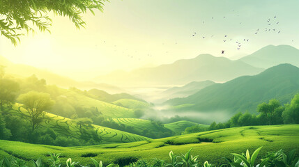 Green tea plantation landscape. Rural farmland fields, Terraced farmer, hills with greenery and mountain on horizon