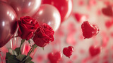 Fototapeta Tulipany - Red roses in vase, balloons heart in white minimalistic empty room. Copy space. Concept of Valentine's Day