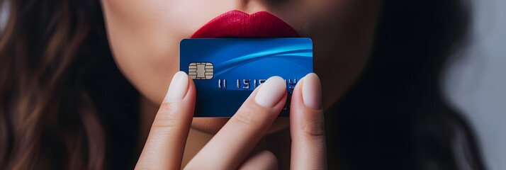 Close-up of woman holding bank credit or debit card in front of her lips, extorsion concept, keeping mouth shut,