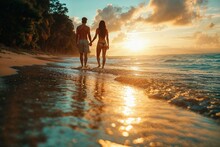 Couple Strolling On The Beach During Golden Hour, Great For Summer Holiday Campaigns Or Romantic Getaway Promotions