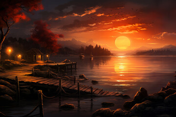 Wall Mural - Sunset over a pier on with boats