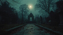 Dark Mysterious Cemetery. Crosses And Graves At Night In The Moonlight