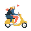 Boyfriend and girlfriend riding flat vector illustration. Male and female cartoon characters on romantic date. Couple in love driving transport design element. Happy man and woman road trip.