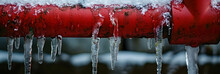 Frozen Icicles Hanging From A Red Sewer Pipe After Freezing Rain.