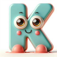 Wall Mural - little cute happy letter K 3d character with bulging eyes on solid a white background. ai generative