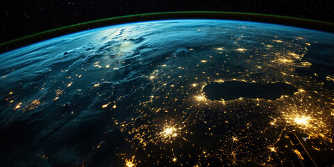 Wall Mural - big city lights view from space. planet earth globe with night realistic world map. communication co