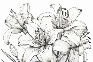 Adorable lily flower in coloring page style. Line art painting. Generative AI