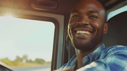 Wall Mural - a black male delivery truck driver smiling while working