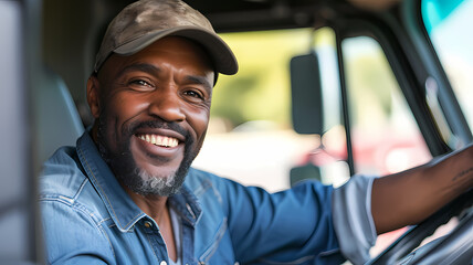 Wall Mural - a black male delivery truck driver smiling while working