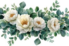 Watercolor Floral Illustration - White Flowers, Rose, Peony, Leaves And Branches Wreath Frame. Wedding Stationary, Greetings, Wallpapers, Fashion, Background. Eucalyptus, Olive, Green