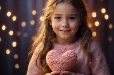 Wall Mural - little girl holding a heart blurred background 