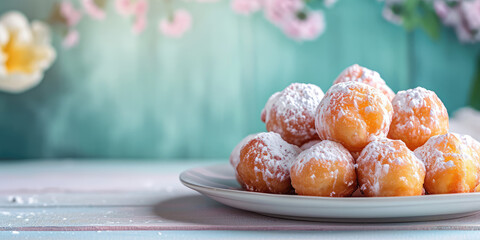 Wall Mural - Dusted Zeppole Pile in a plate on Pastel kitchen background with copy space. Pile of sugary Zeppole in soft kitchen light.