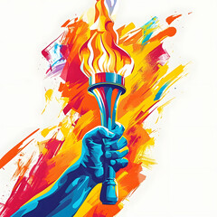 Hand holding the Olympic torch is a bright, colorful illustration of the Olympic Games symbol.