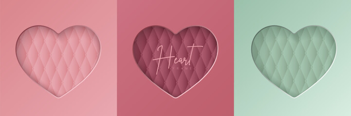 Set of pastel pink and mint green soft 3D heart shape frame design. Collection of geometric backdrop for cosmetic product display,  valentine day festival design,  presentation, banner, cover and web.