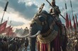 Warrior on a majestic elephant, part of an ancient army's formidable procession, an awe-inspiring sight as a warrior rides a majestic elephant in an ancient army's formidable display.