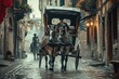Vintage carriage with regal horses transporting nobility through ancient cobblestone streets, a regal and elegant scene reminiscent of ancient nobility.
