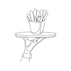 Wall Mural - Continuous single line sketch drawing of hand holding food tray french fries potato chips. One line art of junkfood snack complementary food vector illustration
