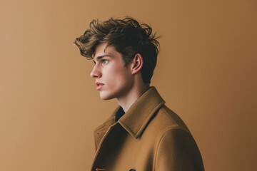 fashion young man in a studio muted color background and minimalistic