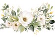 Watercolor floral frame border with white flowers, rose, peony, green leaves, branches and gold elements, for wedding stationary, greetings, wallpapers, fashion, background. Eucalyptus, olive.