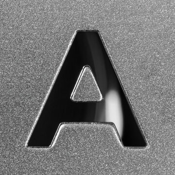 Letter A on a silver grained shiny metal surface. English alphabet.