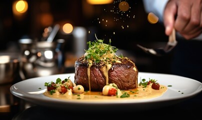 Chef serving beef tenderloin steak with sauce at the restaurant.