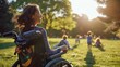 Young woman in a wheelchair with her friends in the background at sunset. AI generated