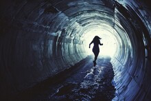 Woman Running In A Tunnel. Photo In Old Color Image Style. AI Generated