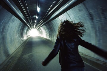 Poster - Young woman running in a tunnel with light coming through the tunnel. AI generated