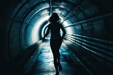 Poster - Silhouette of a woman running in a dark underground tunnel. AI generated