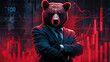 A bear as a businessman wearing suit stand with arm crossed with red candlestick charts background. Stock market downtrend concept