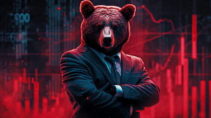 A bear as a businessman wearing suit stand with arm crossed with red candlestick charts background. Stock market downtrend concept