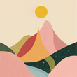 paisagem colorida com montanhas, colina e o sol - Ilustração abstrata 