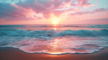 Beautiful Sunset Over A Pink Sandy Beach And Ocean. Spectacular Beach Scene, Beach Travel View Background