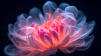 Closeup of a pink Chrysanthemum flower with semi transparent petals, fantasy flower on black background
